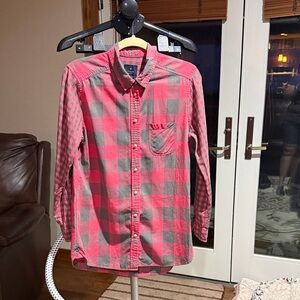 American Eagle Outfitters Pink and Gray Plaid Button-Down Shirt